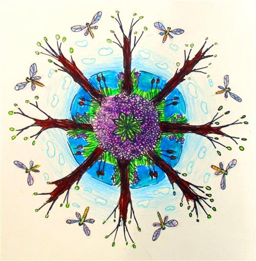 Radiating mandala made of drawings of trees